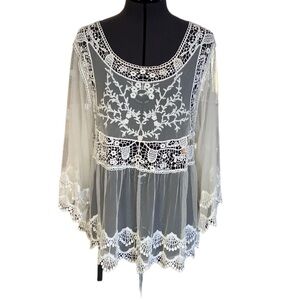 Pink Melo Top Lace Top in Nude or light apricot Color Flared Sleeve Embroider